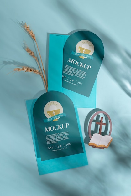 Mockup de invitación de comunión flat lay boy