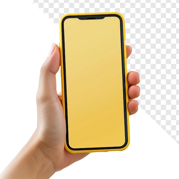 PSD mockup de iphone amarillo en blanco con la mano