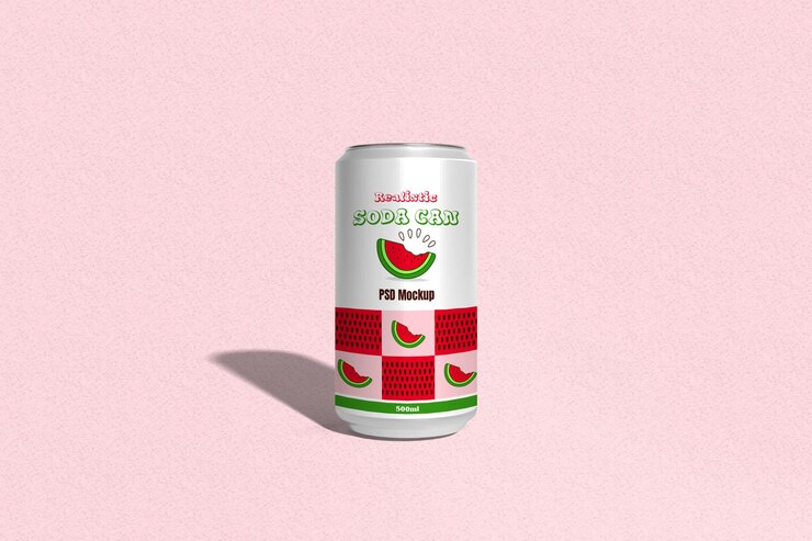 PSD mockup kaleng aluminium yang bisa diedit dengan latar belakang penuh warna
