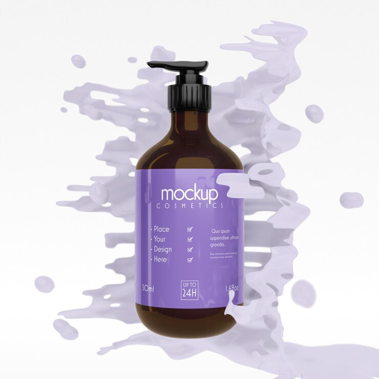 PSD mockup kemasan kosmetik dengan efek cairan
