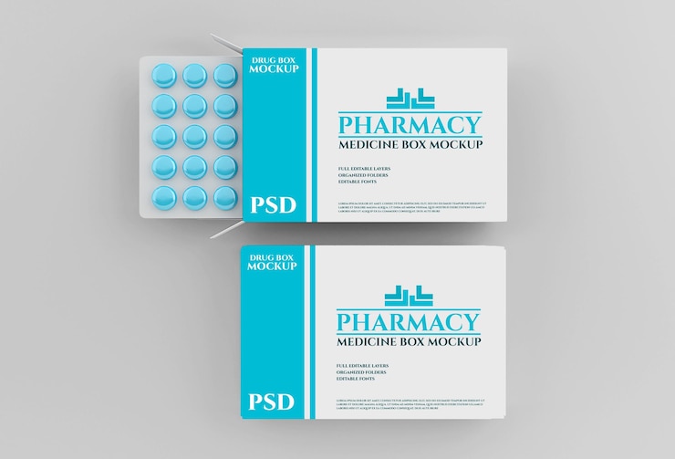 Mockup kotak obat dengan pil dalam konsep farmasi