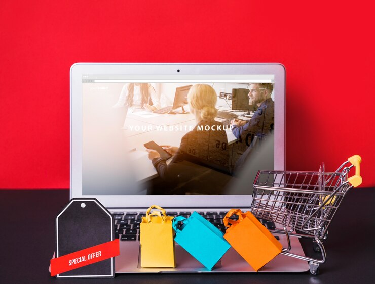 PSD mockup laptop dengan konsep belanja online