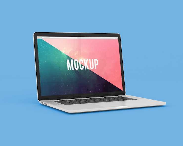 PSD mockup laptop di latar belakang biru