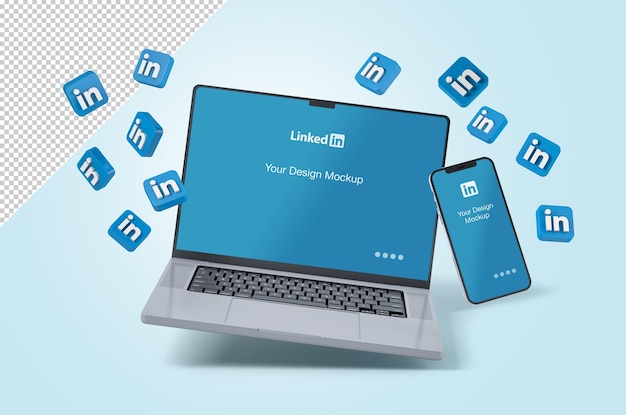 Mockup de laptop y smartphone con íconos de Linkedin volando