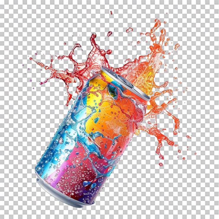 PSD mockup de una lata de refresco voladora con salpicaduras de agua aisladas
