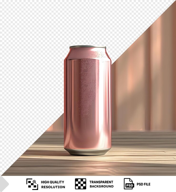 PSD mockup de lata de soda en renderización 3d sentado en una mesa de madera png psd