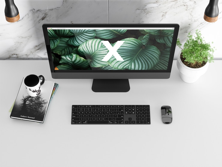 PSD mockup layar modern tunggal di atas meja
