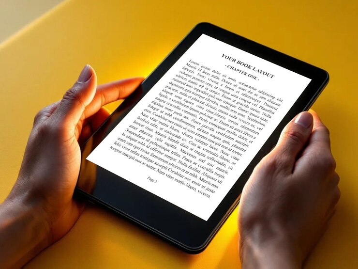 PSD mockup de lector de libros electrónicos en negro sobre fondo amarillo