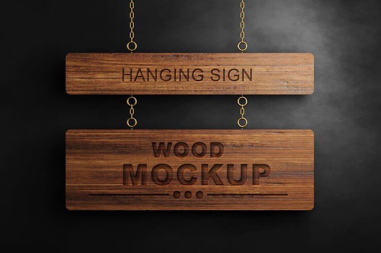 Mockup de letrero de madera colgante con cadena de oro