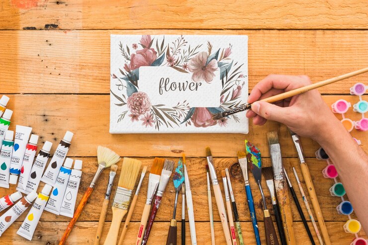 PSD mockup de lienzo con materiales de pintura
