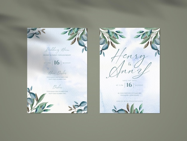 Mockup limpo com modelo botânico de cartão de convite de casamento e sobreposição de sombra