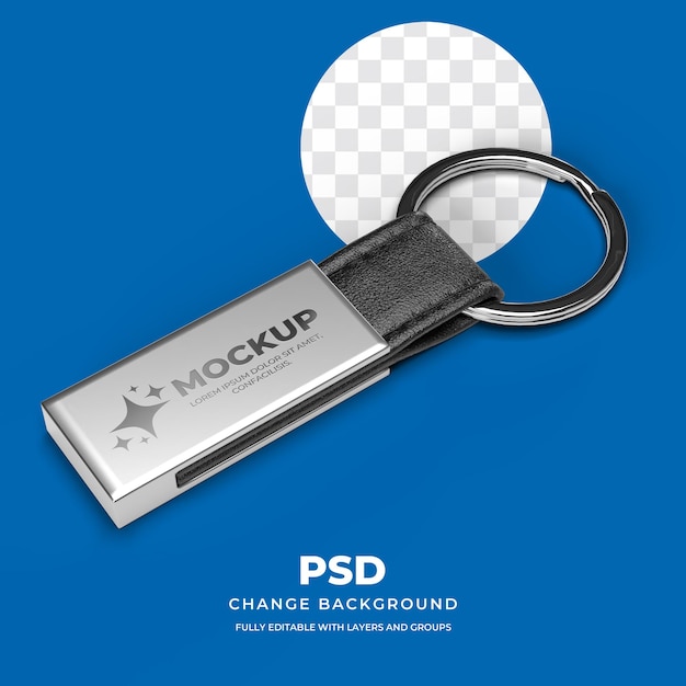 Mockup de llavero USB plateado con correa de cuero