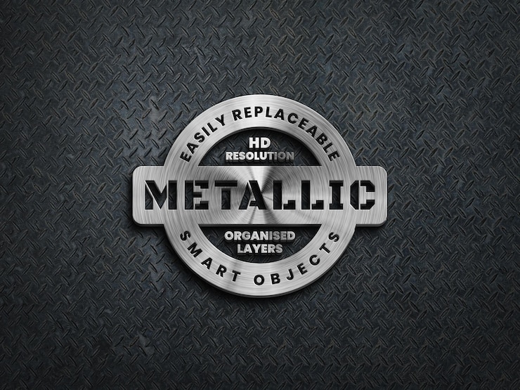 PSD mockup logo metalik 3d pada permukaan baja kasar