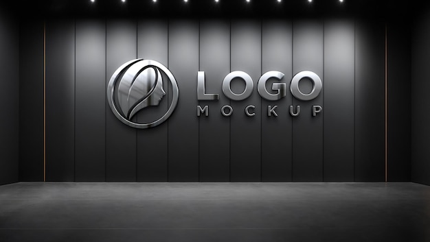 Mockup De Logo Mural Noir élégant En Chrome Métallique Réaliste