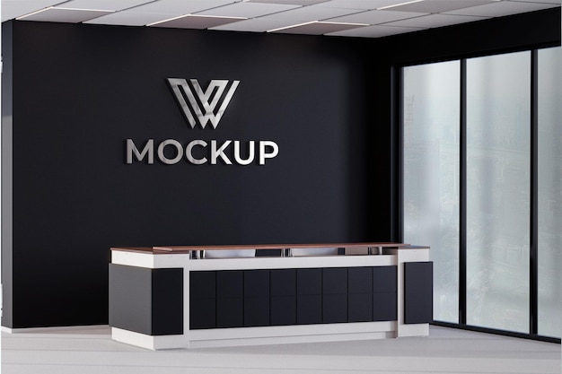 Mockup de logo salle de bureau métallique mur noir rendu 3D réaliste