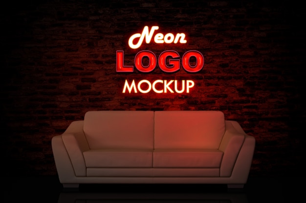 PSD mockup de logotipo neon con sofá