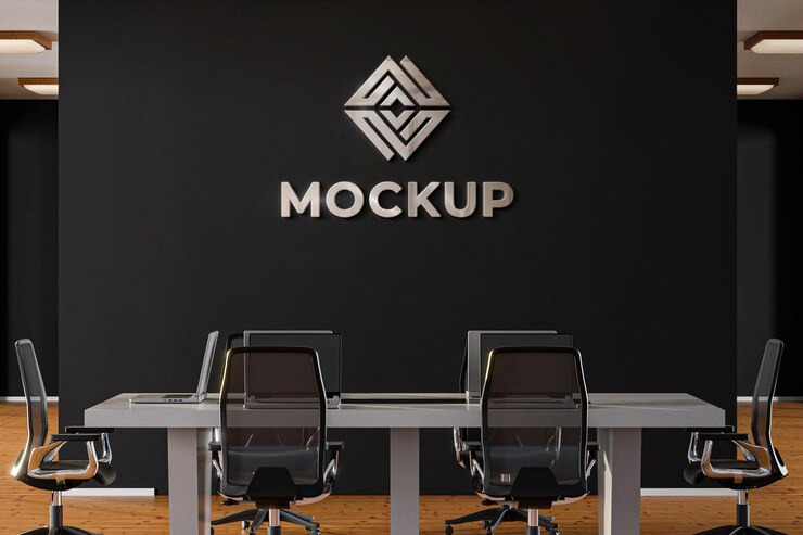 Mockup de logotipo Sala de oficinas metálicas Reunión de pared negra Renderización 3D realista