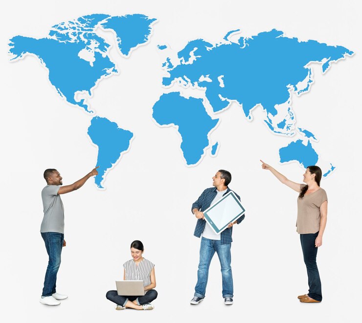 PSD mockup del mapa del mundo personas diversas usando redes sociales psd