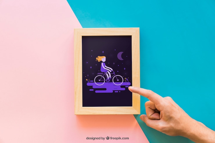 PSD mockup de marco con dedo apuntando