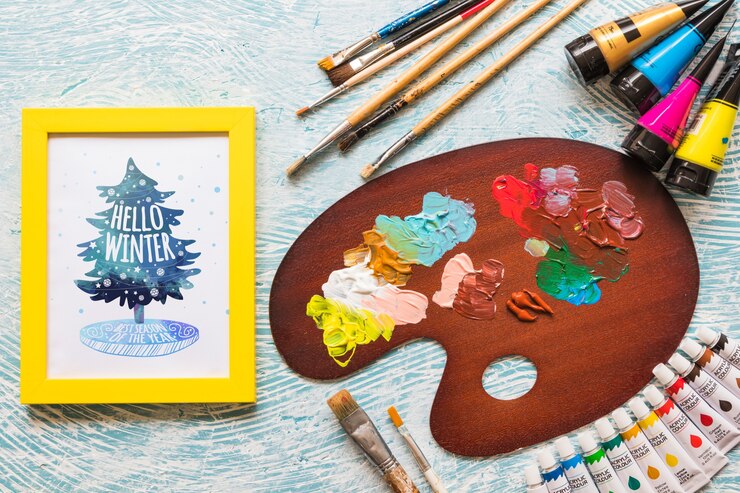 PSD mockup de marco con materiales de pintura