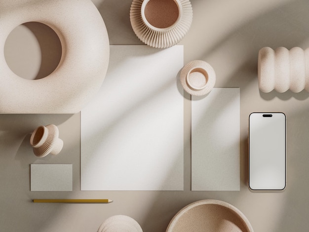 Mockup de marque minimaliste avec des tons beige et des formes géométriques
