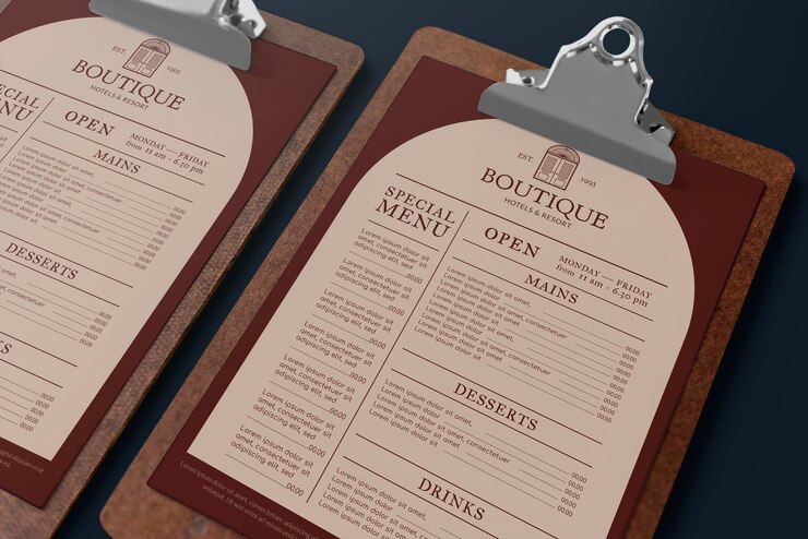 PSD mockup de menú de restaurante psd en portapapeles identidad corporativa