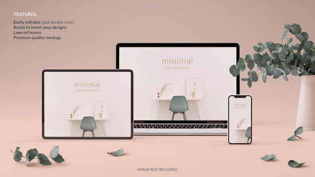 Mockup minimalista di tablet notebook e telefono elegante concetto