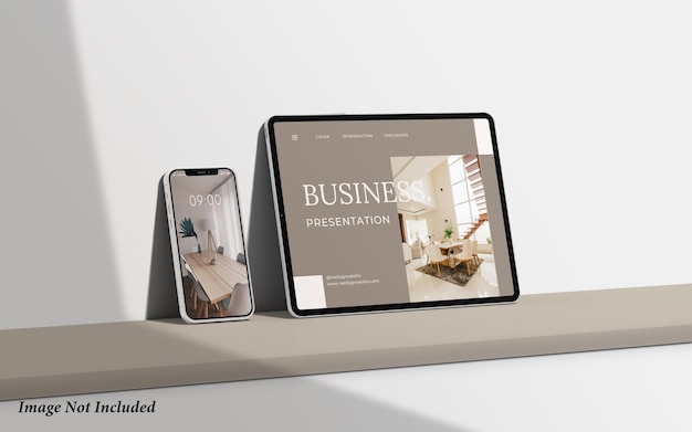 Mockup minimalista per tablet e telefono con sovrapposizioni di ombre Psd premium