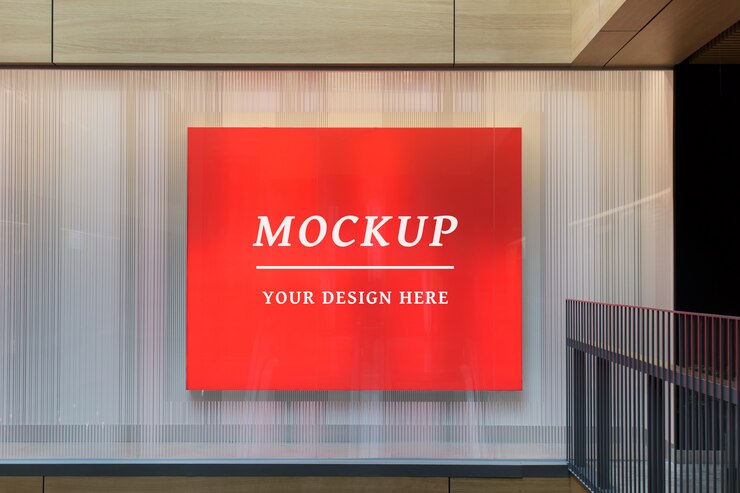 Mockup modificabile di cancelleria per interni con cartellone di grandi dimensioni