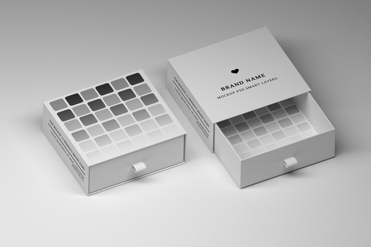 Mockup modificabile di cancelleria PSD con scatole regalo bianche aperte e chiuse