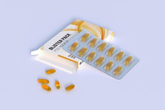 Mockup modificabile di capsule d'oro omega 3 di olio di pesce in un blister rendering 3d