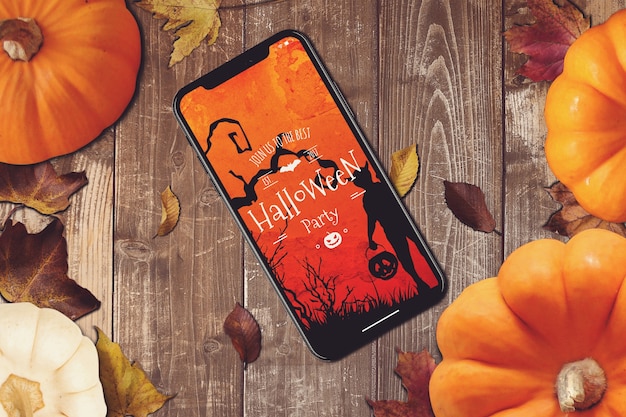 PSD mockup de móvil con diseño de halloween