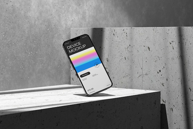 Mockup móvil con objeto inteligente editable y fondo de hormigón