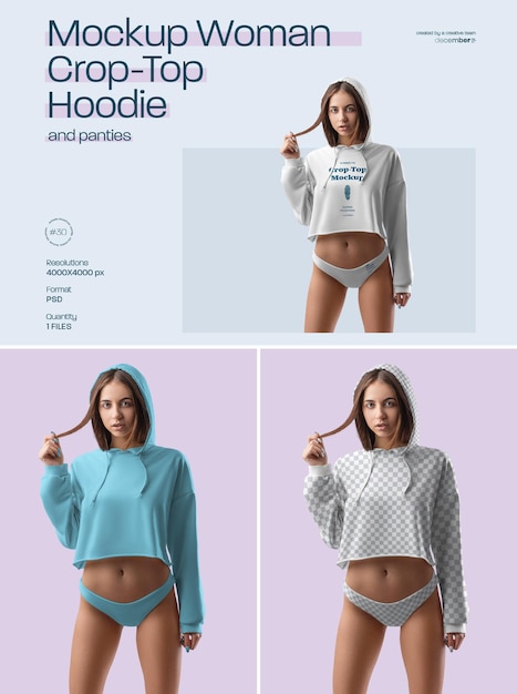 PSD mockup mujer croptop hoodie y bragas