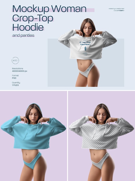 PSD mockup mujer croptop hoodie y bragas
