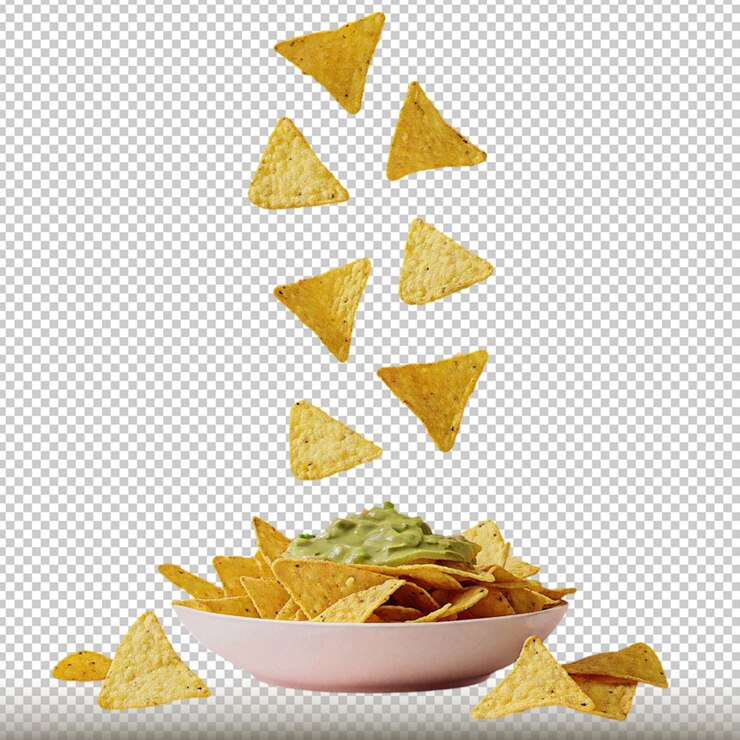 PSD mockup de nachos cayendo sobre bol con guacamole en un cuenco blanco con patatas fritas de fondo transparente