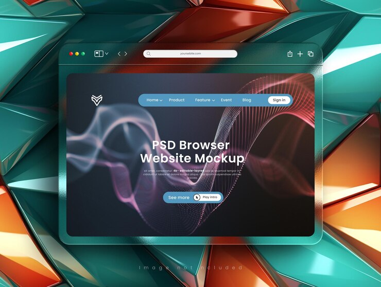 Mockup del navegador de presentación del sitio web PSD con interfaz de morfismo de vidrio