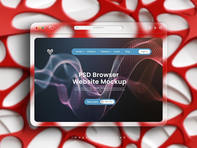 Mockup del navegador de presentación del sitio web PSD con interfaz de morfismo de vidrio