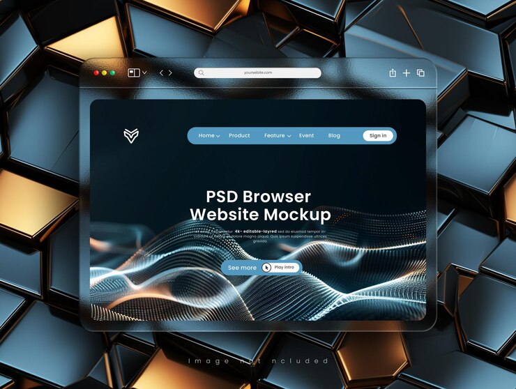 Mockup del navegador de presentación del sitio web PSD con interfaz de morfismo de vidrio