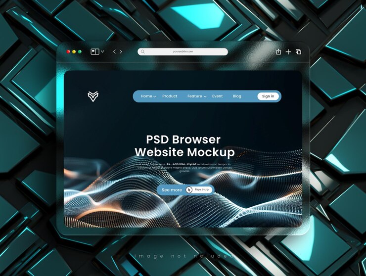 Mockup del navegador de presentación del sitio web PSD con interfaz de morfismo de vidrio