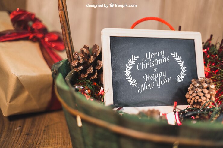 PSD mockup de navidad con pizarra en cesta