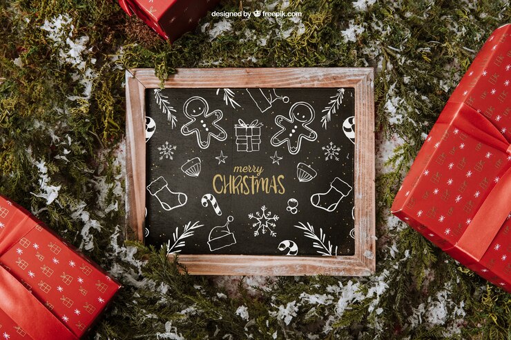 PSD mockup de navidad con pizarra y regalos
