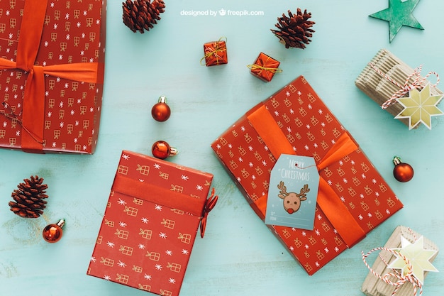 Mockup de navidad con tres regalos