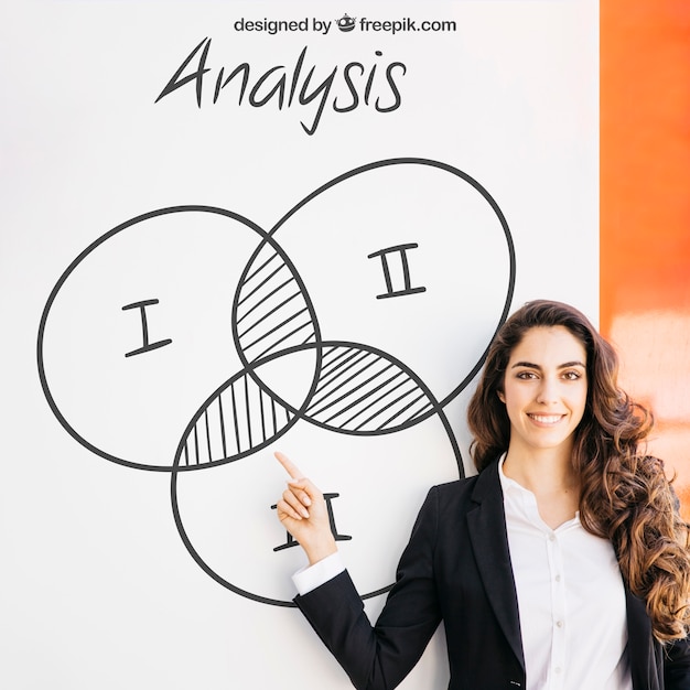 Mockup de negocios con mujer apuntando a tabla