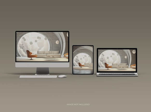 Mockup of desktop laptop and tablet for your UIUX Product presentation 3D Render