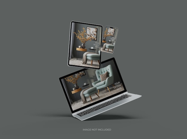 Mockup d'un ordinateur portable, d'un smartphone et d'une tablette pour le rendu 3D de la vitrine de produits UIUX