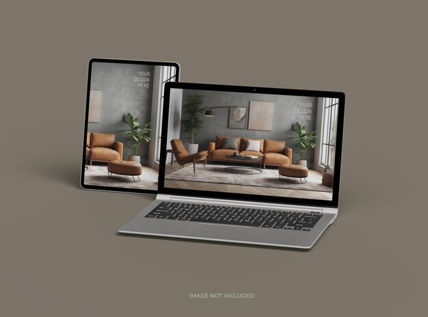 PSD mockup d'un ordinateur portable et d'une tablette pour votre présentation de conception 3d render