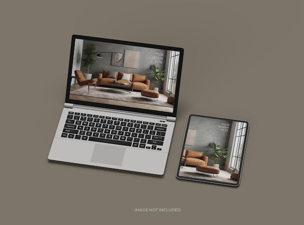 PSD mockup d'un ordinateur portable et d'une tablette pour votre présentation de conception 3d render