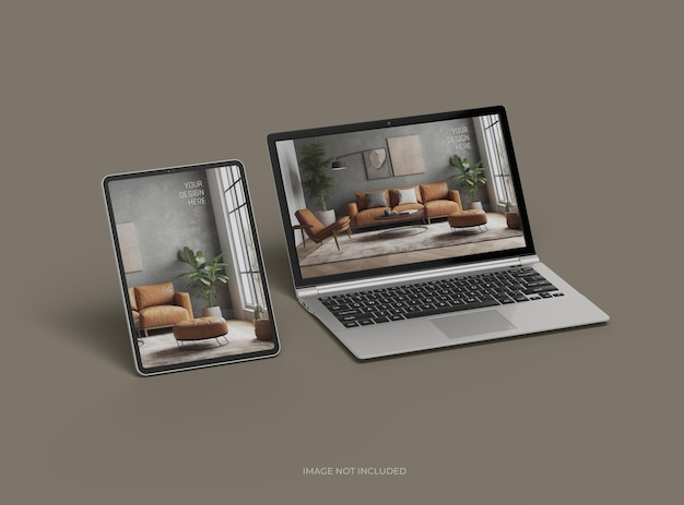 Mockup d'un ordinateur portable et d'une tablette pour votre présentation de conception 3D Render