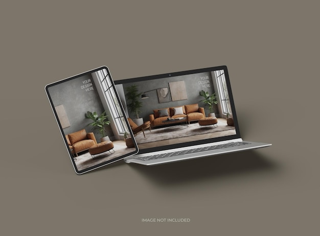 Mockup d'un ordinateur portable et d'une tablette pour votre présentation de conception 3D Render